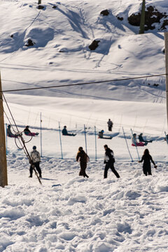 Farellones Ski Resort, Chile. Snow on the mountains, sunny day. Andes Mountains.
