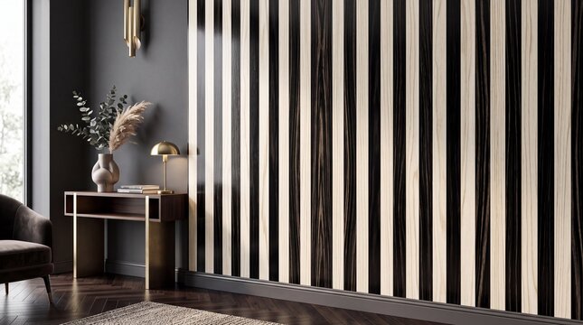 Modern Living Room Wall Mockup with Striped Wooden Paneling