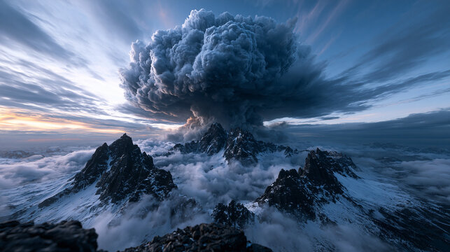 Volcanic Eruption with Ash Cloud over Mountain Peaks