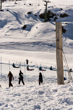 Farellones Ski Resort, Chile. Snow on the mountains, sunny day. Andes Mountains.