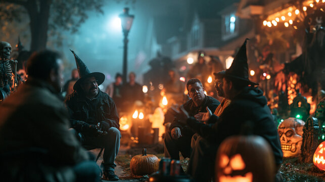 Neighbors in Witch Hats Celebrating Halloween Outdoors at Night