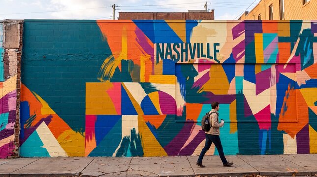 Man Walking Past Colorful Nashville Mural on Street