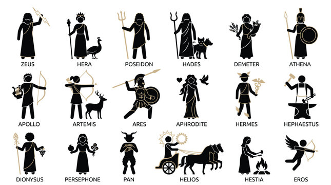 Greek mythology gods and goddesses vector illustration set featuring iconic ancient deities in minimalist black silhouettes