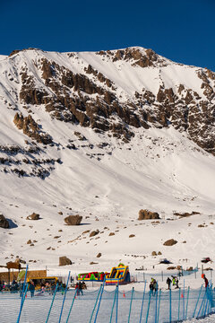 Farellones Ski Resort, Chile. Snow on the mountains, sunny day. Andes Mountains.