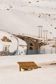 Farellones Ski Resort, Chile. Snow on the mountains, sunny day. Andes Mountains.