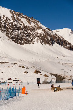 Farellones Ski Resort, Chile. Snow on the mountains, sunny day. Andes Mountains.