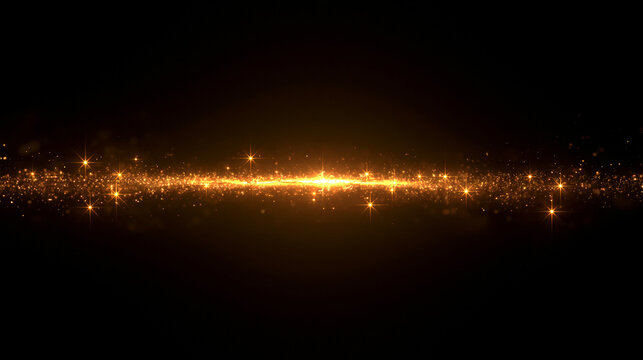 Golden Sparkling Light Particles Bursting on Black Background