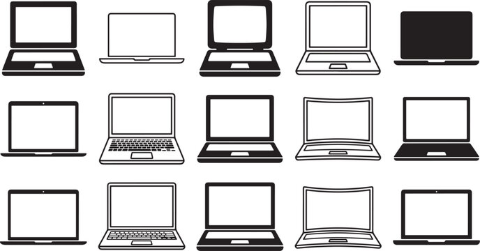 Set of black and white laptop computer and silhouettes in various and screen angles collection