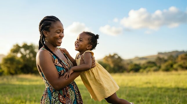 A happy African mother playing outdoors with her child having fun together representing family happiness and love concept with soft focus on faces happy African mother playing outdoors child having