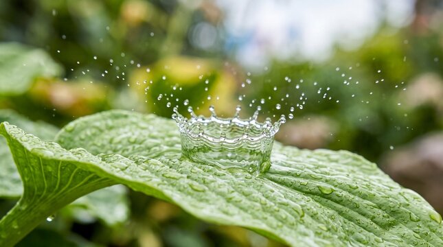Water Drop Splashing on Green Leaf in Nature
