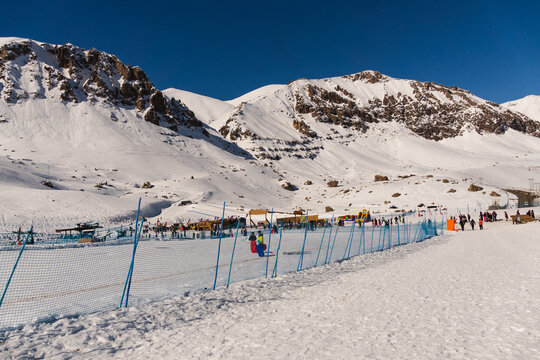 Farellones Ski Resort, Chile. Snow on the mountains, sunny day. Andes Mountains.