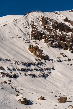 Farellones Ski Resort, Chile. Snow on the mountains, sunny day. Andes Mountains.