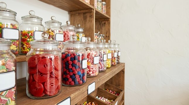 Glass containers filled with candy including red licorice wheels and berry gummy candy for sale at a candy store representing sweet treats and retail glass containers filled with candy red licorice