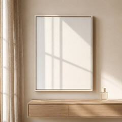 Fototapeta premium White empty frame mockup on minimalist wooden console with soft daylight and neutral interior tones, perfect for artwork placement, branding presentation, poster design, and creative projects.