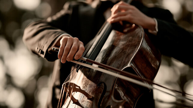 Detailed view of musician hands playing cello and violin in warm golden sunlight