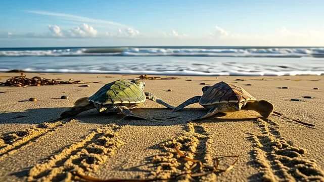 Two turtles crawl on a sandy beach towards the ocean waves.