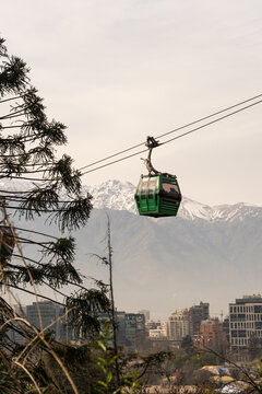 Cable car at Santiago Metropolitan Park. Andes Mountains in the background. Sunny day