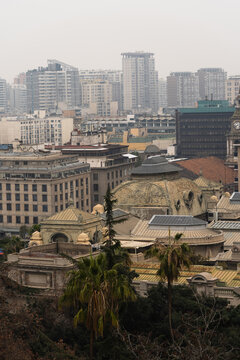 View of downtown Santiago from Santa Lucia Hill, Chile. Sky with haze and clouds. Overcast