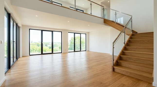 A spacious two-floor apartment living room with wooden stairs hardwood floor and many big windows representing modern home interior spacious living room two-floor apartment wooden stairs hardwood