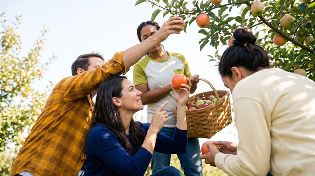 Group of friends picking apples together in an orchard on a sunny day  