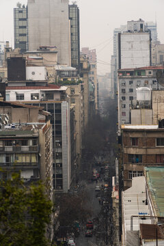 View of downtown Santiago from Santa Lucia Hill, Chile. Sky with haze and clouds. Overcast