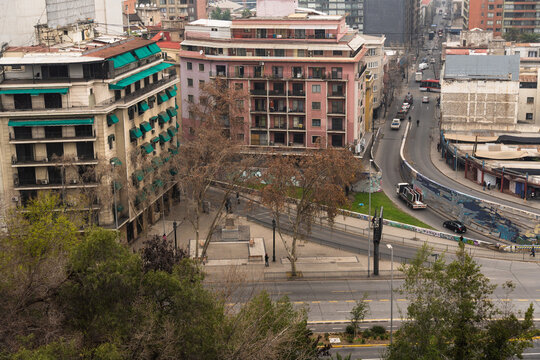 View of downtown Santiago from Santa Lucia Hill, Chile. Sky with haze and clouds. Overcast