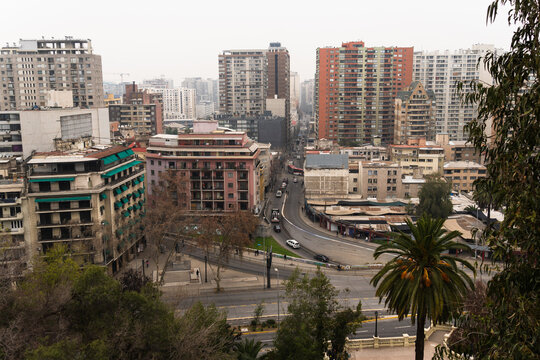 View of downtown Santiago from Santa Lucia Hill, Chile. Sky with haze and clouds. Overcast