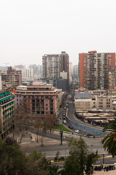 View of downtown Santiago from Santa Lucia Hill, Chile. Sky with haze and clouds. Overcast