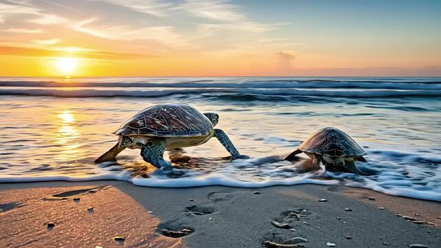 Two turtles on the beach at sunset, waves gently crashing around them.