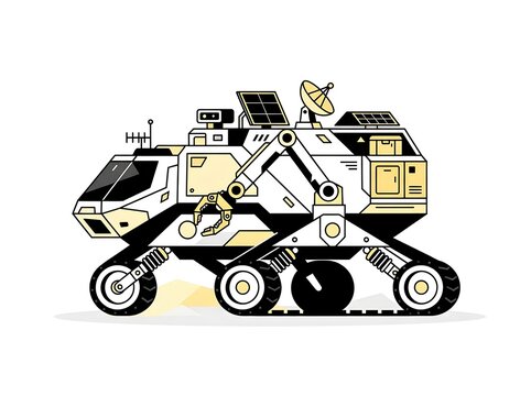 Futuristic space rover vehicle with robotic arm and solar panels on wheels