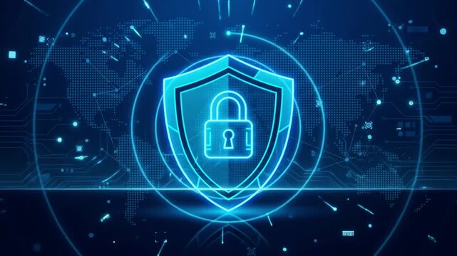 Cyber security padlock shield protecting digital data network