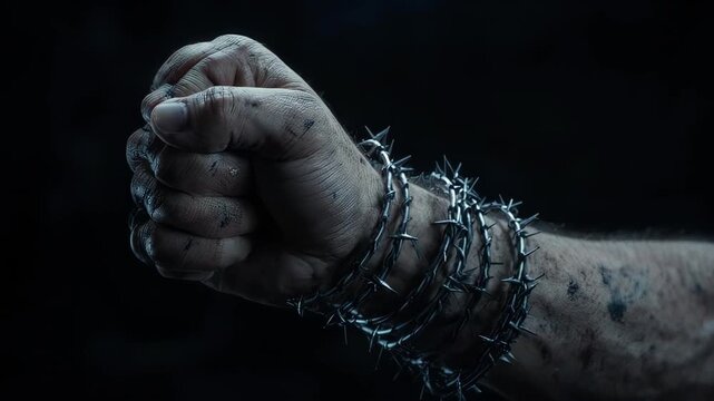 Clenched Fist Bound by Barbed Wire.