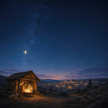 Christmas nativity stable with a star over an ancient town against a starry night sky