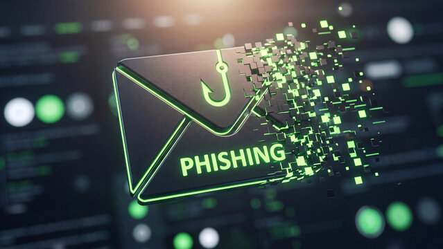Phishing attack represented by a digital envelope dissolving into green pixels against a dark cyber security background.