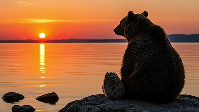 A bear silhouetted against a tranquil sunset by the water.