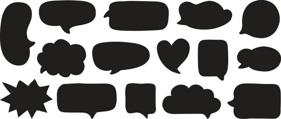 Fototapeta premium Black speech bubble silhouette set with rounded chat boxes, hearts, clouds, and comic bursts for messaging designs. Perfect for dialogue, stickers, social media, and captions. Clean vector collection.