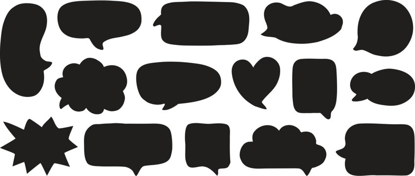 Black speech bubble silhouette set with rounded chat boxes, hearts, clouds, and comic bursts for messaging designs. Perfect for dialogue, stickers, social media, and captions. Clean vector collection.