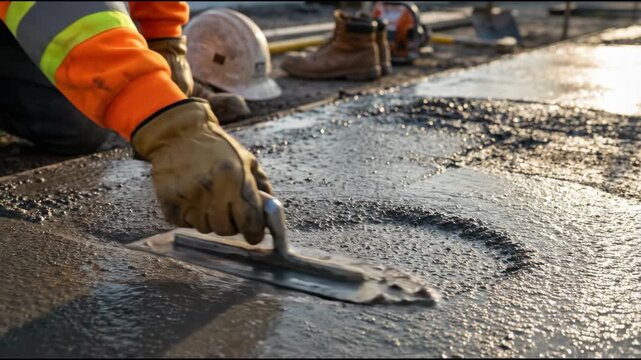 Closeup tracking shot of construction worker smoothing wet concrete on urban sidewalk