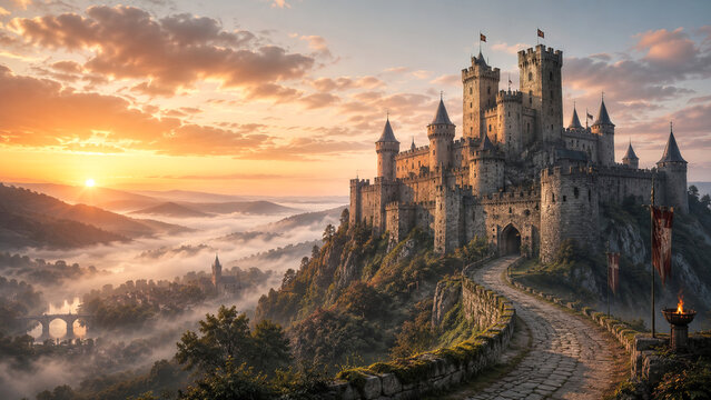 Medieval castle on a cliff above a foggy valley during sunset