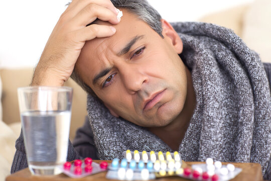Sick man looking at pills and a glass of water at home
