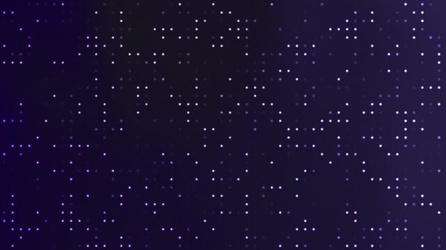 Dynamic abstract animation featuring a grid of small white dots on a navy black gradient background. The dots exhibit a subtle flickering and movement, creating a digital, technological.