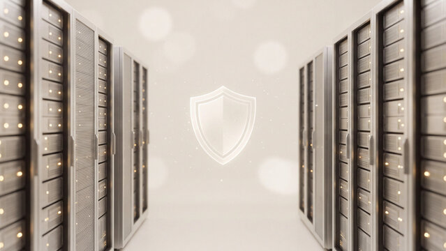 Data center hallway flanked by server racks featuring a central security shield symbol representing cybersecurity and information protection technology.
