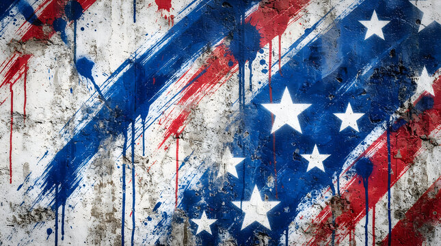Abstract american flag design with paint drips and brush strokes on a textured concrete wall