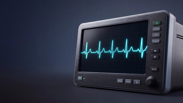 Medical monitor displaying a glowing blue heartbeat trace on a dark background represents intensive care and cardiac monitoring technology.