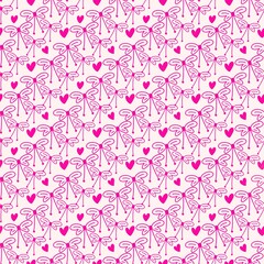 Fototapeta premium Cute pink and magenta seamless pattern with line art ribbon bows and small heart accents