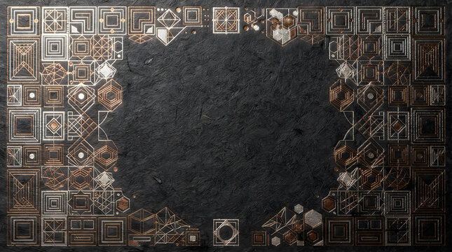 Abstract geometric square pattern with thin white lines on a dark black background