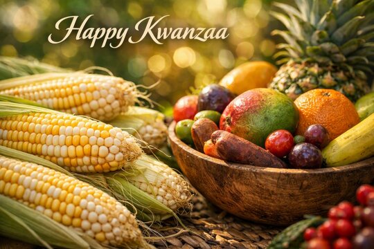 Kwanzaa harvest display with ears of corn and a tropical fruit bowl for holiday table background and banner design