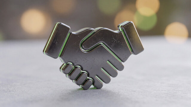 Metallic handshake sculpture symbolizes successful business partnership and corporate agreement in a professional executive setting.