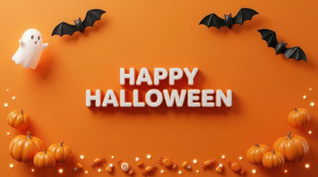 Happy halloween greeting with ghost and bats