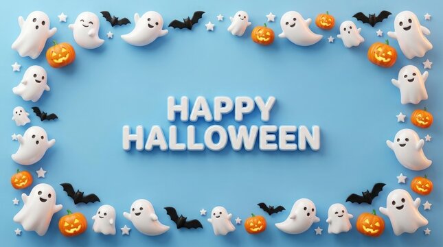 Happy halloween illustration with ghosts and jack o lanterns